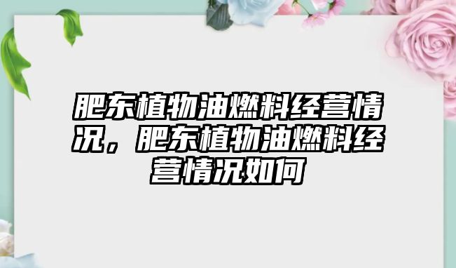 肥東植物油燃料經(jīng)營(yíng)情況，肥東植物油燃料經(jīng)營(yíng)情況如何
